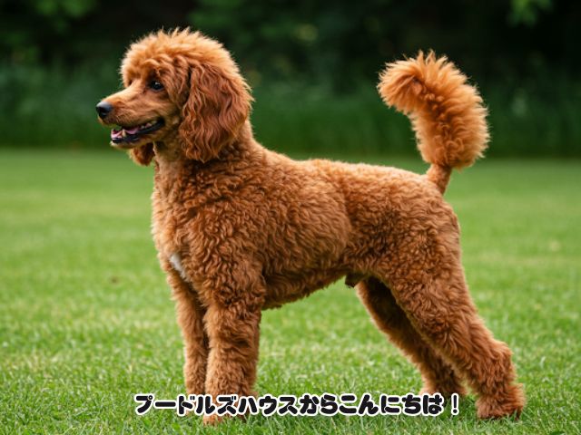 芝生の上のレッドのトイプードル