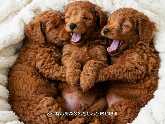 生後3ヶ月頃のレッドのトイプードルの子犬3頭