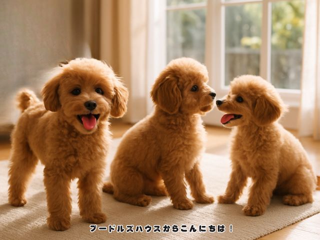 同じ環境で育つ3頭のトイプードルの兄弟犬。それぞれ違う様子から子犬の性格の違いが感じられる記事内画像。